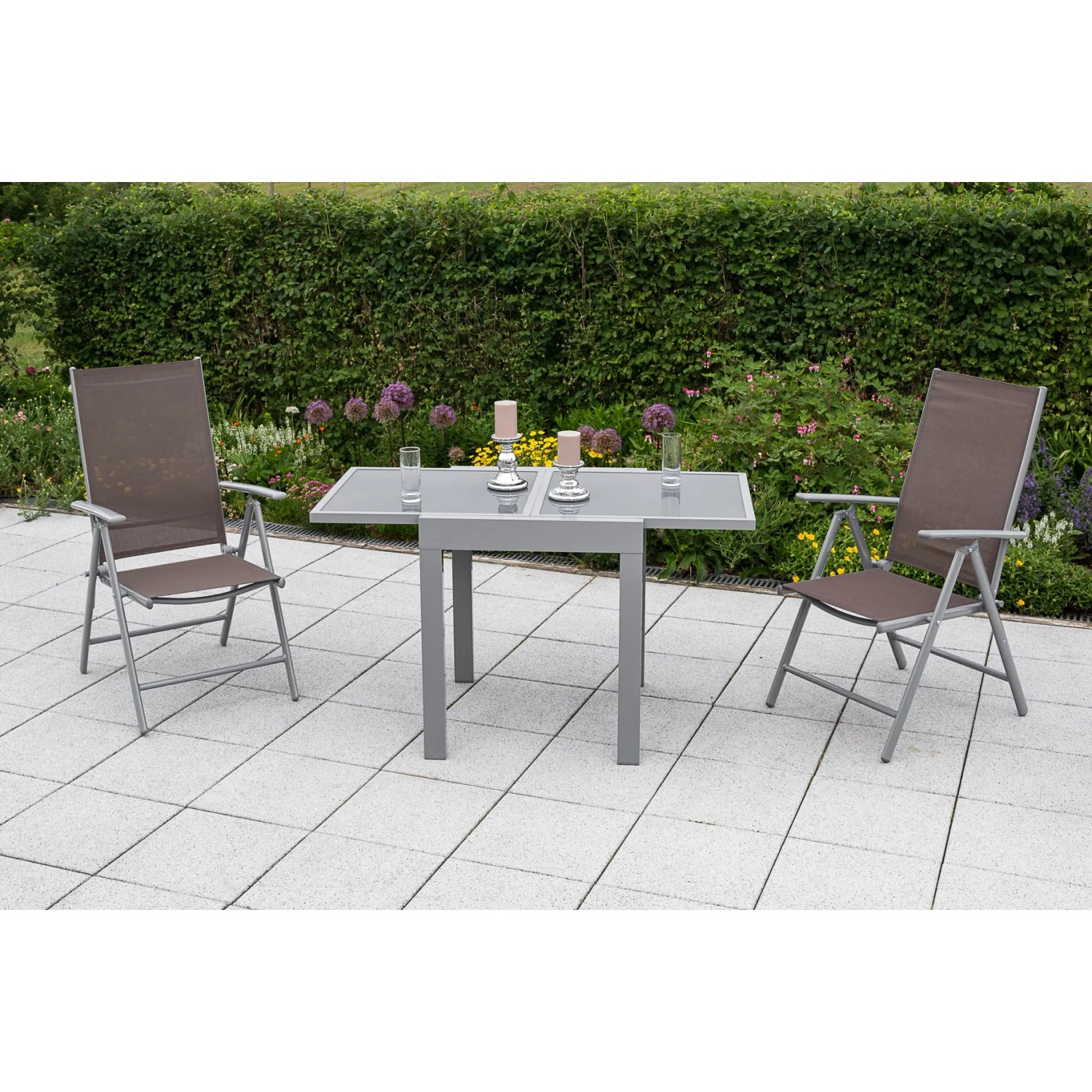 Gartenmöbel-Set Amalfi, 3-teilig, taupe-grau, mit Ausziehtisch und Klappsesseln.
