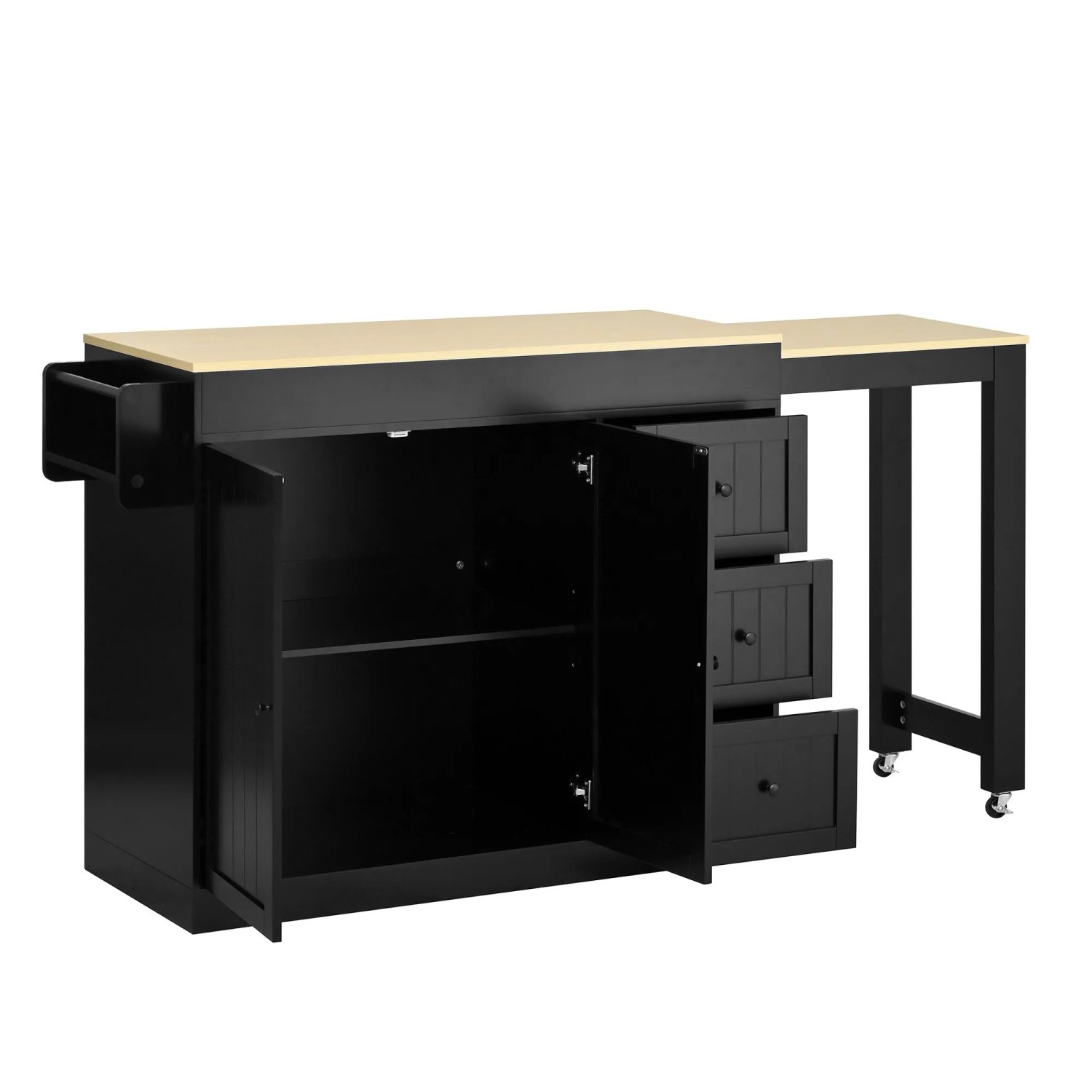 okwish Kücheninsel mit Rollen Schubladen Ausziehbarer Essbereich 112-186.8x45x93cm Schwarz