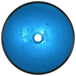 Rundes blaues Hartglas-Waschbecken, 42 cm Durchmesser, mit Abflussloch. Modernes Aufsatzwaschbecken für Bad.