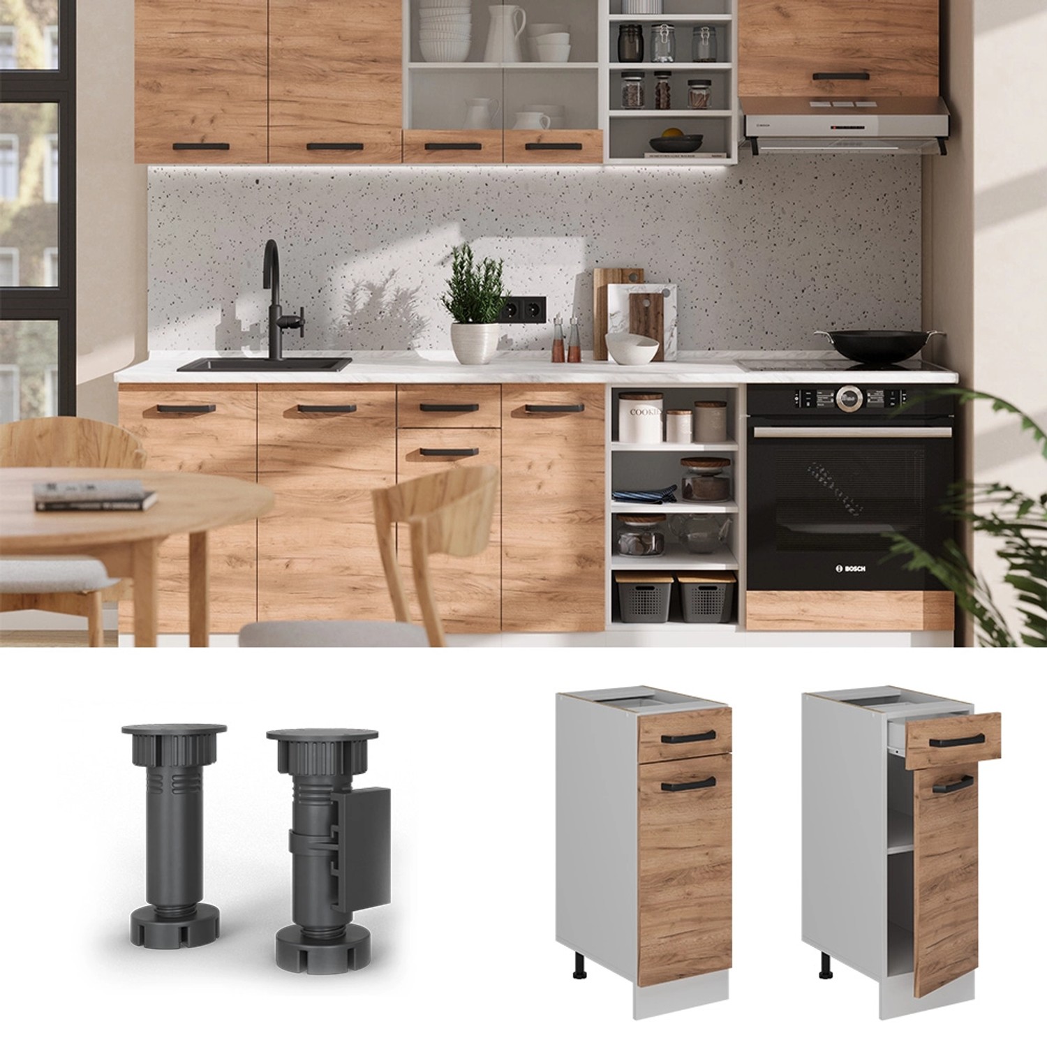 Vicco Küchenunterschrank R-Line Goldkraft Eiche, 30 cm breit, ohne Arbeitsplatte.