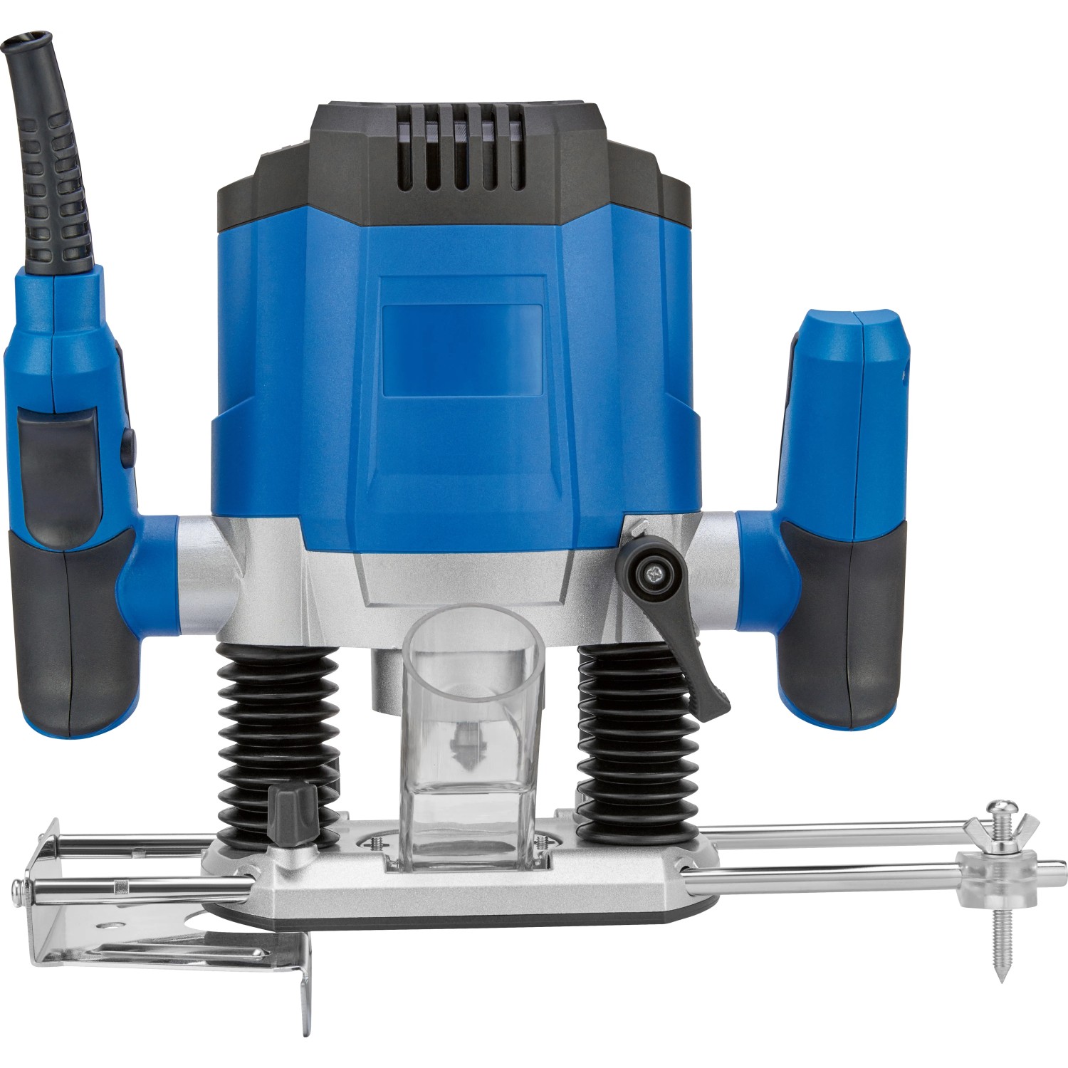 LUX Oberfräse 1200 W E-OF-1200 für präzise Holzbearbeitung. Blaue Fräse mit Zubehör.