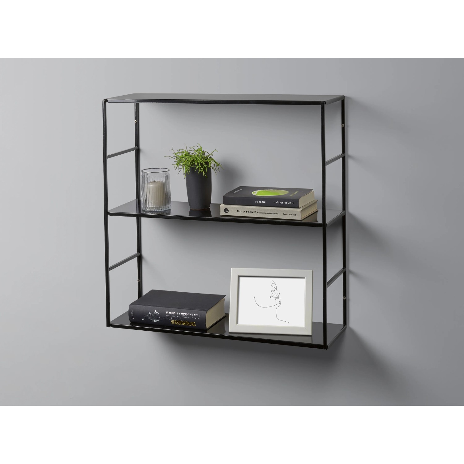 Schwarzes Metall-Regal Pinnock, 60x60x20 cm, mit drei Regalböden zur Wandmontage.
