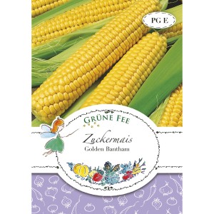 Saatgutpackung Grüne Fee Zuckermais Golden Bantam mit goldgelben Maiskolben.