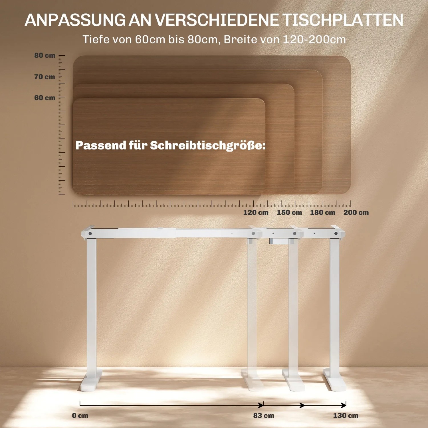 Weißes, höhenverstellbares Schreibtischgestell HOMCOM mit Größenangaben für Tischplatten.
