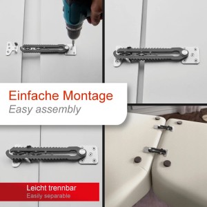 SOTECH Möbelverbinder für Polstermöbel: Montage mit Bohrer, Rastverbindung, schwenkbare Gabel, verbindet zwei Sofas.