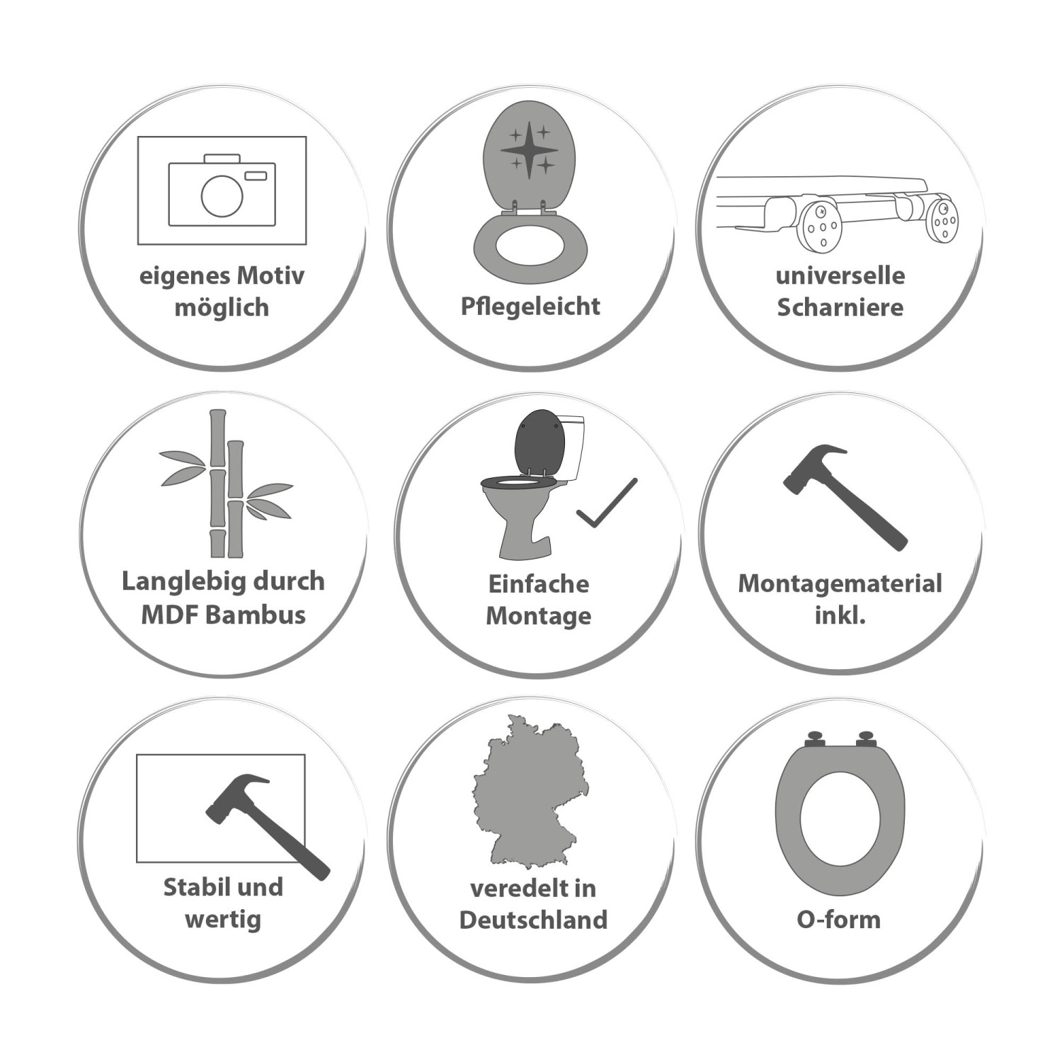 Piktogramme zu Eigenschaften des Bambus WC-Sitzes: einfache Montage, langlebig, Universal Scharniere, Made in Germany.