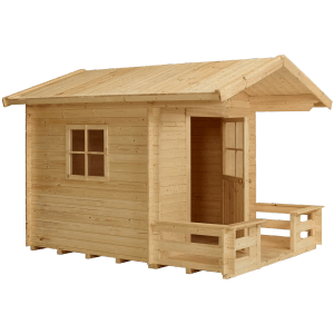 Unbehandeltes Plus A/S Spielhaus aus Holz mit Terrasse, Fenster und Tür. Kategorie: Gartenhäuser.