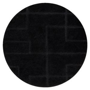 Runder schwarzer Badezimmerteppich mit dezentem geometrischem Muster.