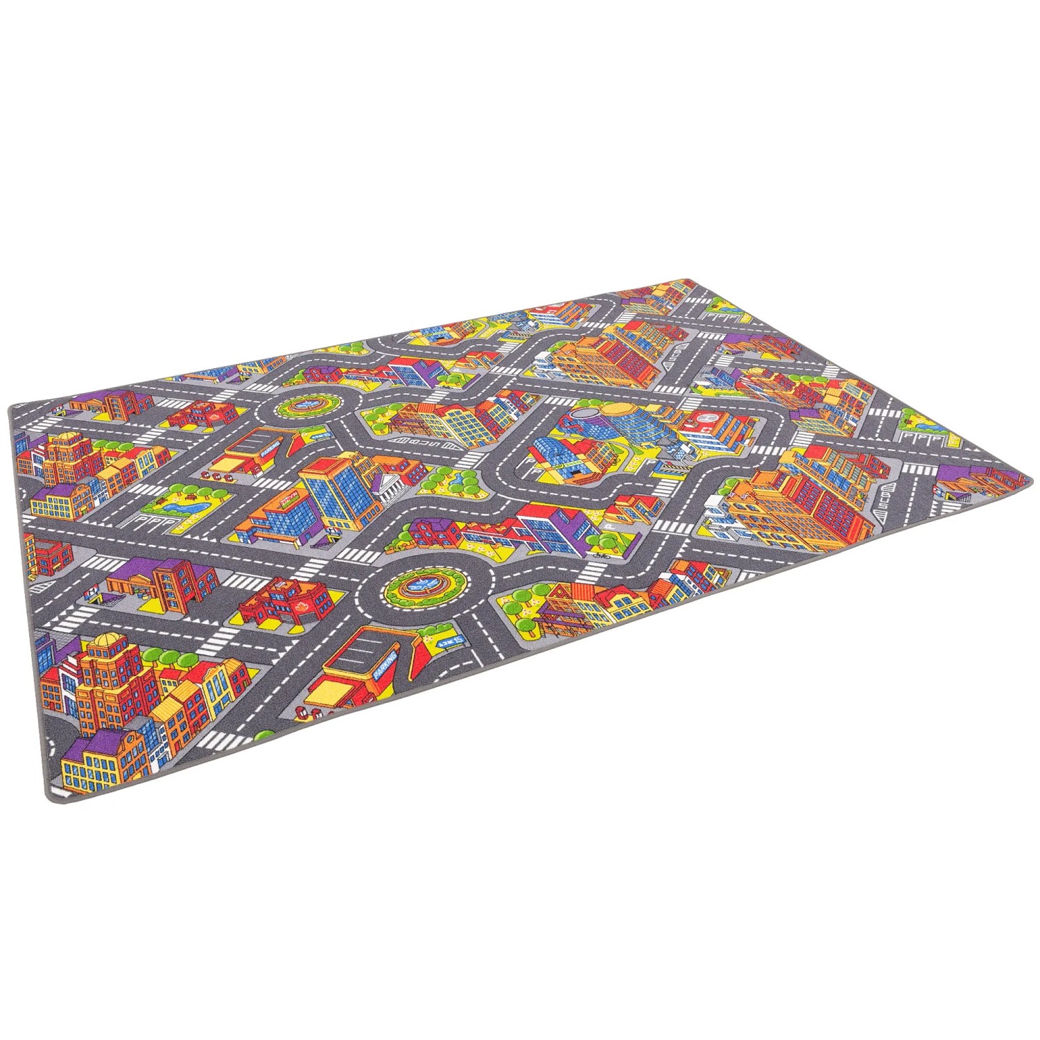 Hellgrauer Kinder Straßenteppich 200x300cm mit Straßen, Häusern und Kreisverkehren.