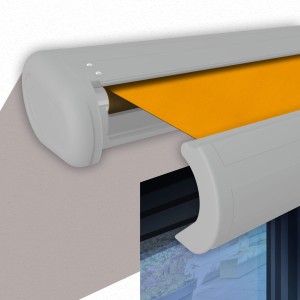 Elektrische Kassettenmarkise, weiße Kassette, gelbes Tuch, 2,5x2,0m. Sonnenschutz für Terrasse und Balkon.