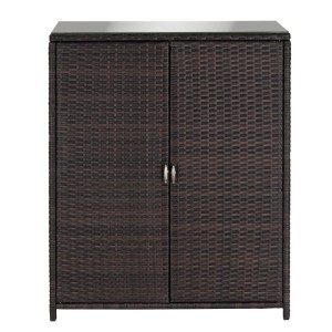 Brauner Tectake Gartenschrank Monza aus Rattan mit Glasplatte und zwei Türen.