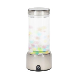Eglo LED-Lavaleuchte Aqua, silber-transparent, mit bunten Dekokugeln im Wasser. Zylindrische RGB-Tischleuchte, Touch-Bedienung.