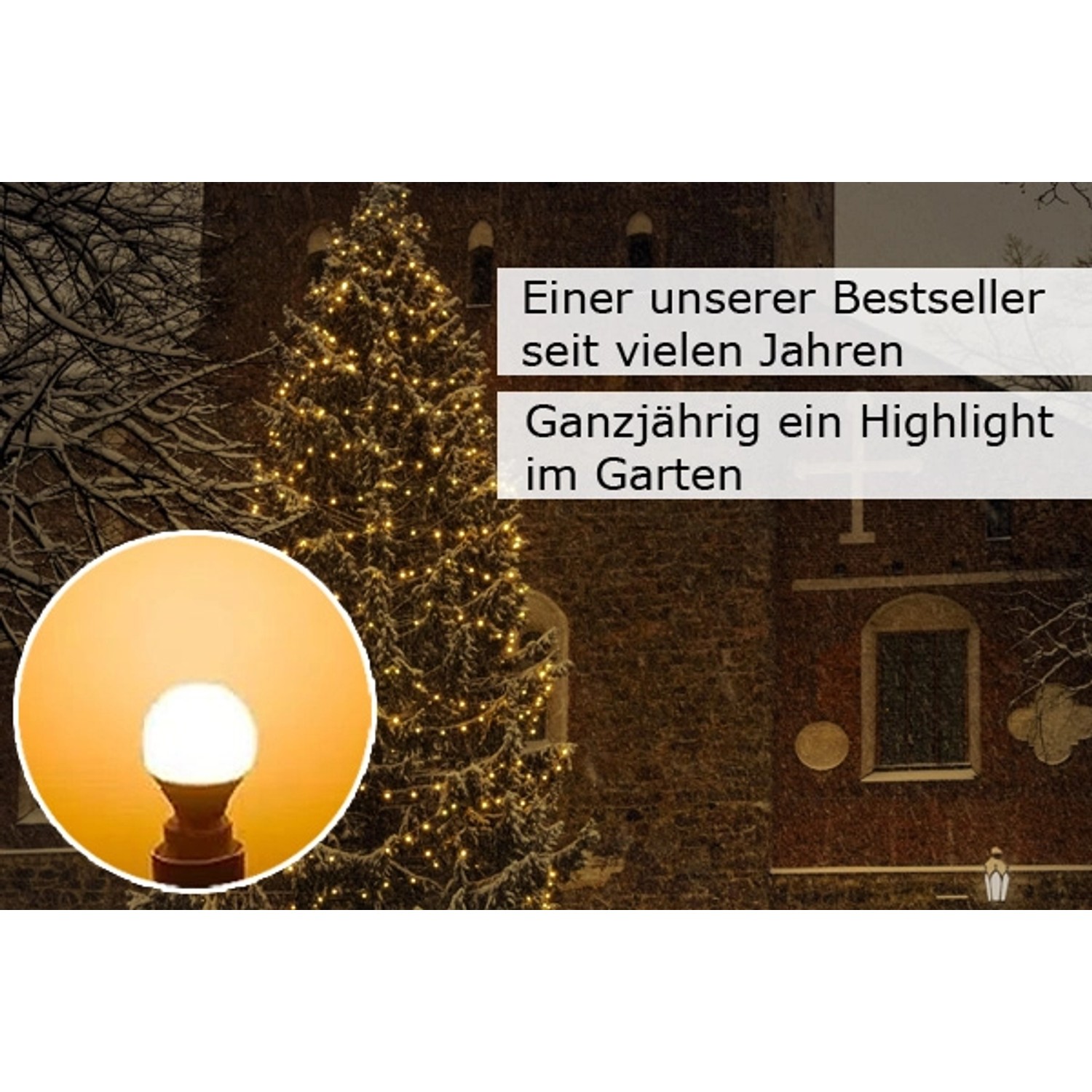 Lichterkette mit warmweißen LED-Kugeln für Garten und Außenbereich als Weihnachtsbeleuchtung.