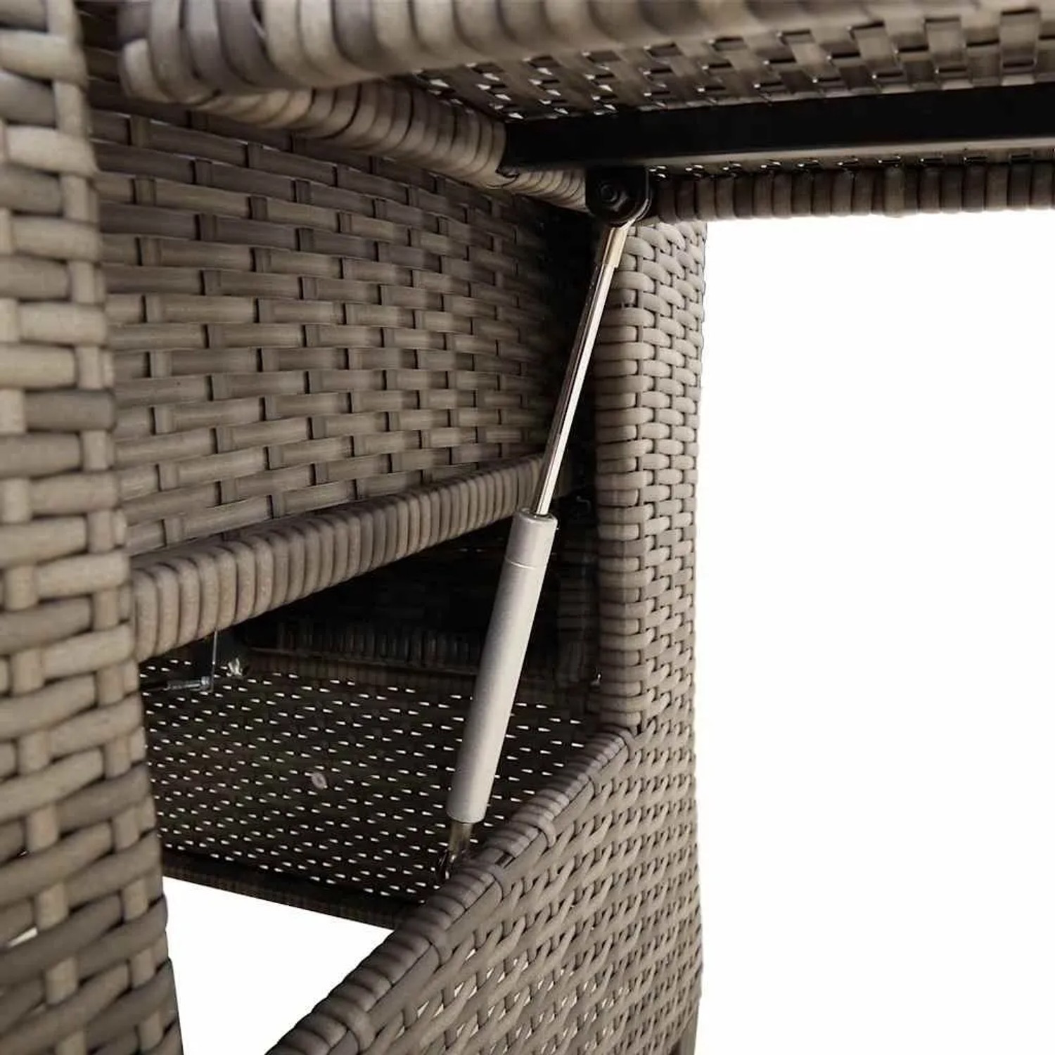 Grauer Poly Rattan Gartensessel: Klappbarer Beistelltisch mit Gasfeder-Mechanismus an der Armlehne.