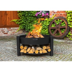 Schwarze CookKing Feuerschale Montana mit Holz und Holzlager, Ø 80 cm.