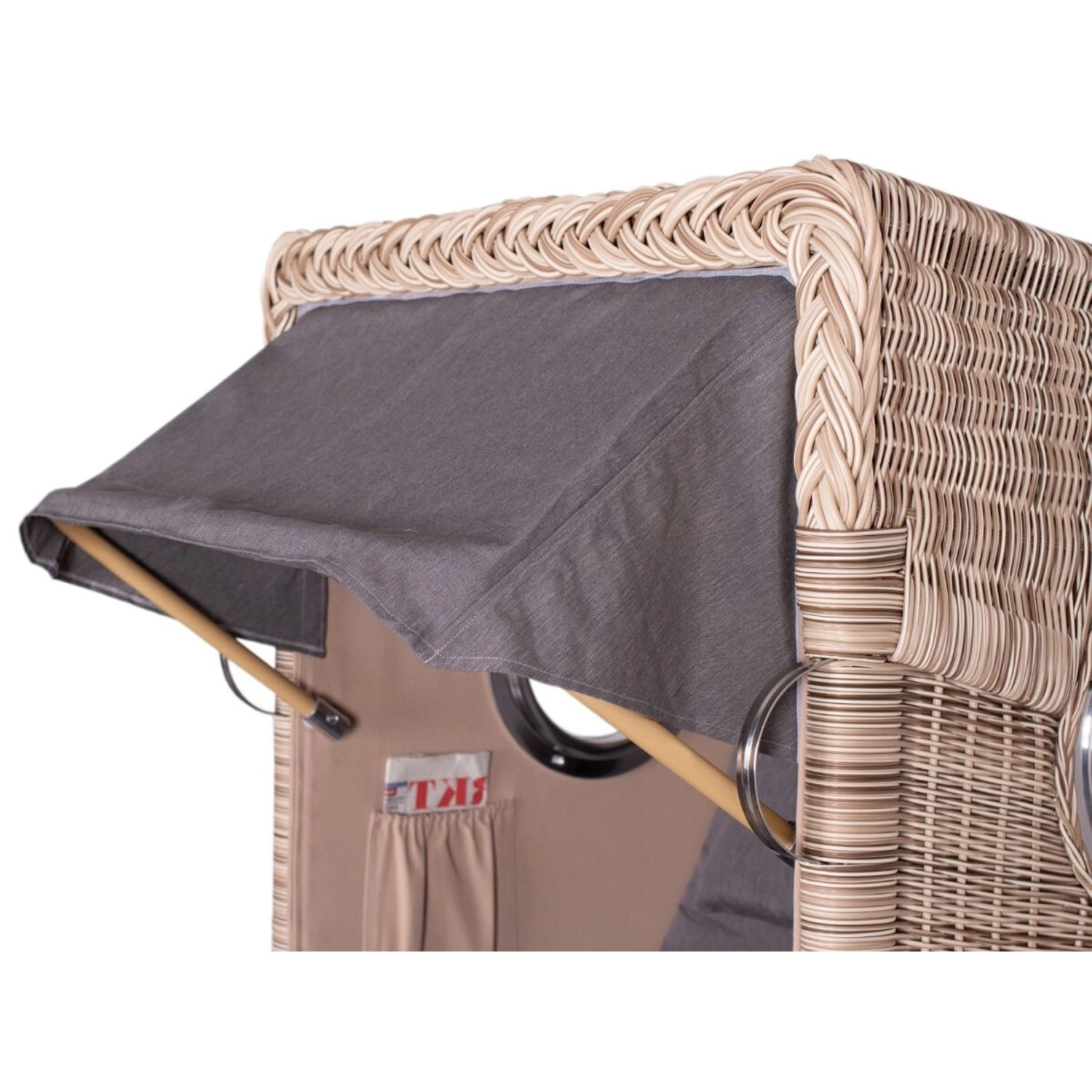 Detailansicht Strandkorb Ammersee Single Teak mit Bullauge und Markise.