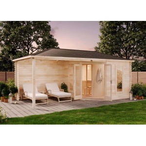 Finntherm Gartensauna Liwa aus Pinie, 608x312 cm, mit Liegen und Walmdach.