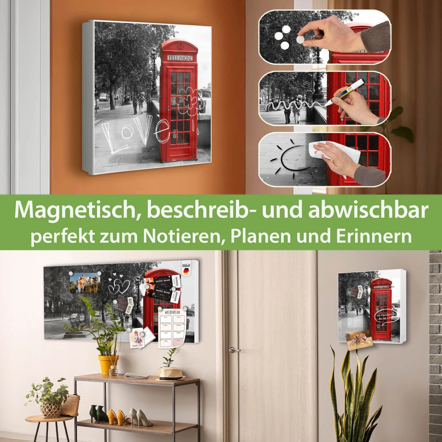 Banjado Großer Schlüsselkasten Metall 30x30cm Weiß Scharnier Links 50 Haken Beschreibbar Magnetisch Motiv London Red Telephone