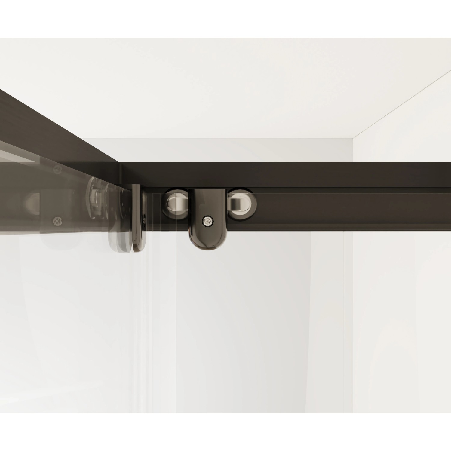 Detailaufnahme: Schwarze, matte Duschkabine baliv DUK-90.12E mit Eckeinstieg und Rollen.