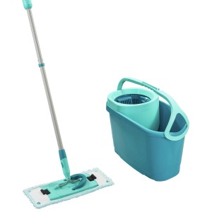 Leifheit Clean Twist M Ergo Bodenwischer-Set mit Eimer und Schleuder in Türkis und Grau.