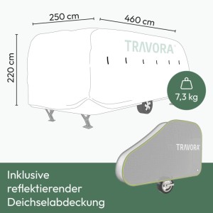 TRAVORA Wohnwagen Plane S (460x250x220cm) dunkelgrau, 7,3kg, mit reflektierender Deichselabdeckung. Schutzhülle für Caravan.