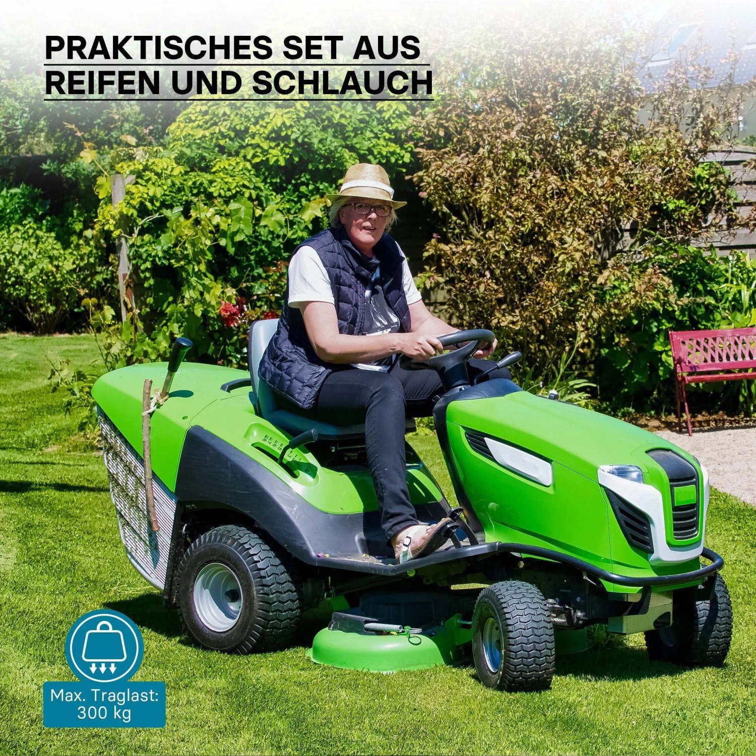 Frau fährt grünen Rasentraktor im Garten. Wiltec Reifenmantel & Schlauch Set 16x6.50-8 für Rasenmäher Zubehör.