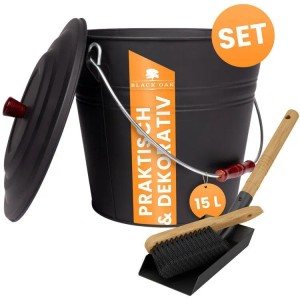 BLACK OAK Ascheeimer Set: 15L Metalleimer mit Deckel, Schaufel und Handfeger für Kamin & Grill.