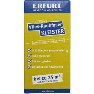 Packung Erfurt Vlies-Rauhfaser-Kleister 200g, gebrauchsfertig in 10 Minuten, hohe Klebkraft.
