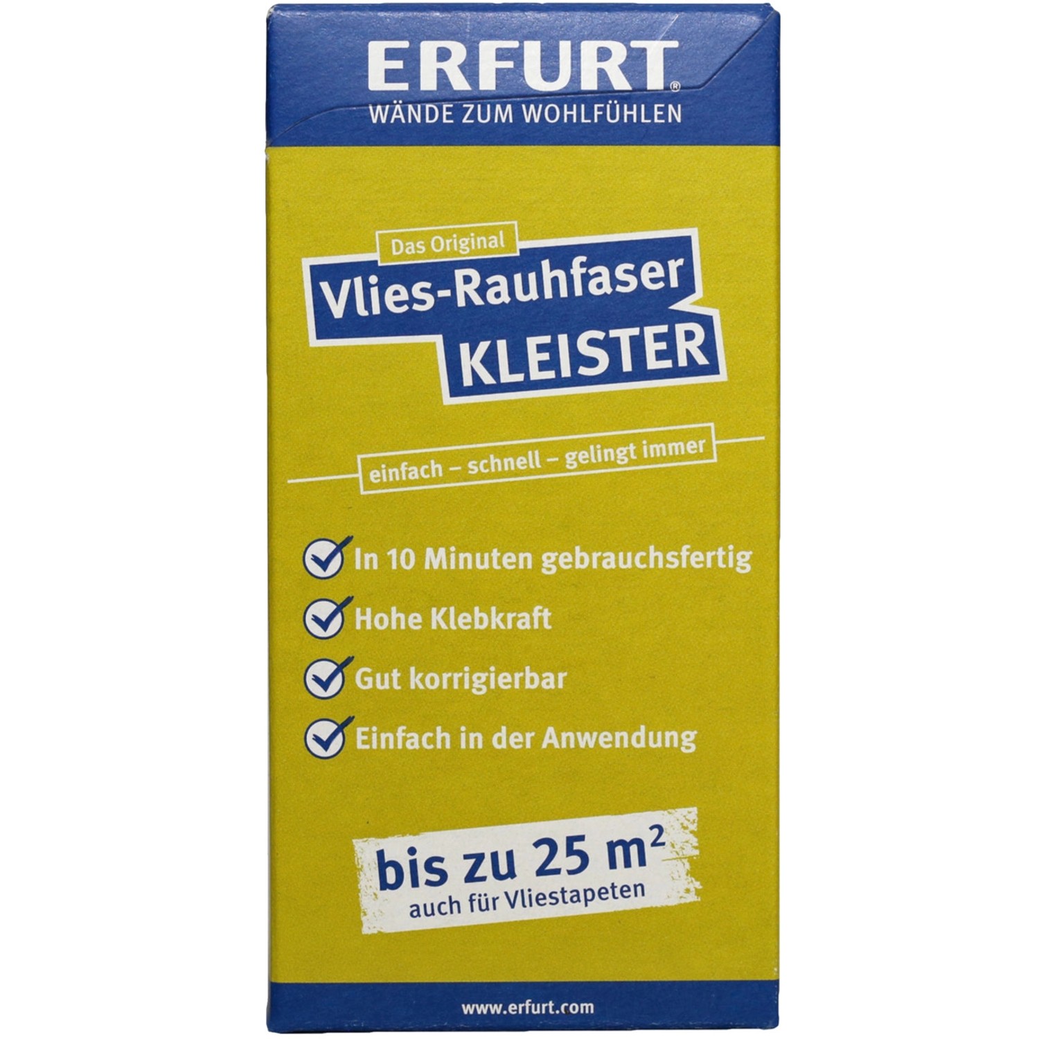 Packung Erfurt Vlies-Rauhfaser-Kleister 200g, gebrauchsfertig in 10 Minuten, hohe Klebkraft.