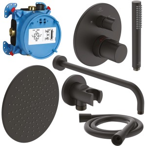 Ideal Standard Ceratherm T100 Unterputz Armaturen-Bundle, Schwarz Matt, mit Kopf- und Handbrause.