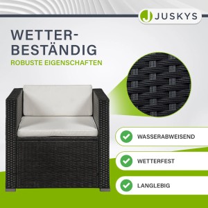 Schwarzer Polyrattan Sessel der Juskys Lounge Punta Cana mit creme farbenen Bezügen.