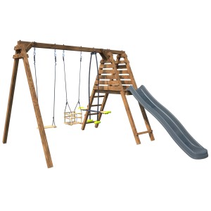 Soulet Holzschaukel Trefle mit Rutsche, Schaukelsitz und Kindersitz für Spielspaß im Garten.