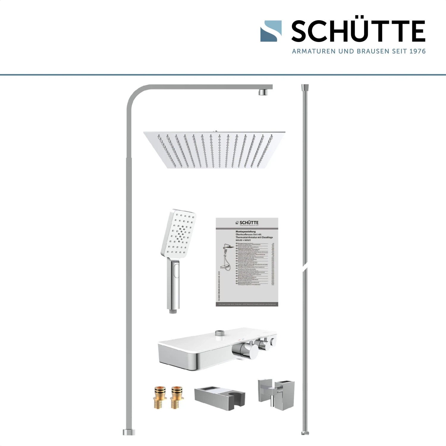 Schütte Ocean Überkopf-Brauseset mit Thermostat, Ablage in Chrom-Weiß. Kopf- und Handbrause inklusive.