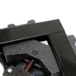 Robuster schwarzer Winkelschraubstock aus Gusseisen für präzise 90°-Winkelarbeiten, 75mm Spanntiefe.