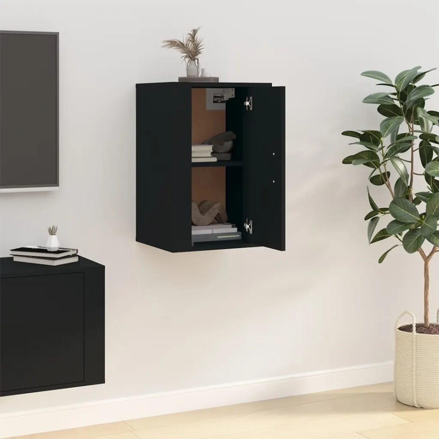 Schwarzer VidaXL TV-Wandschrank (40x34,5x60 cm) mit offenen Türen, Teil einer Wohnwand.