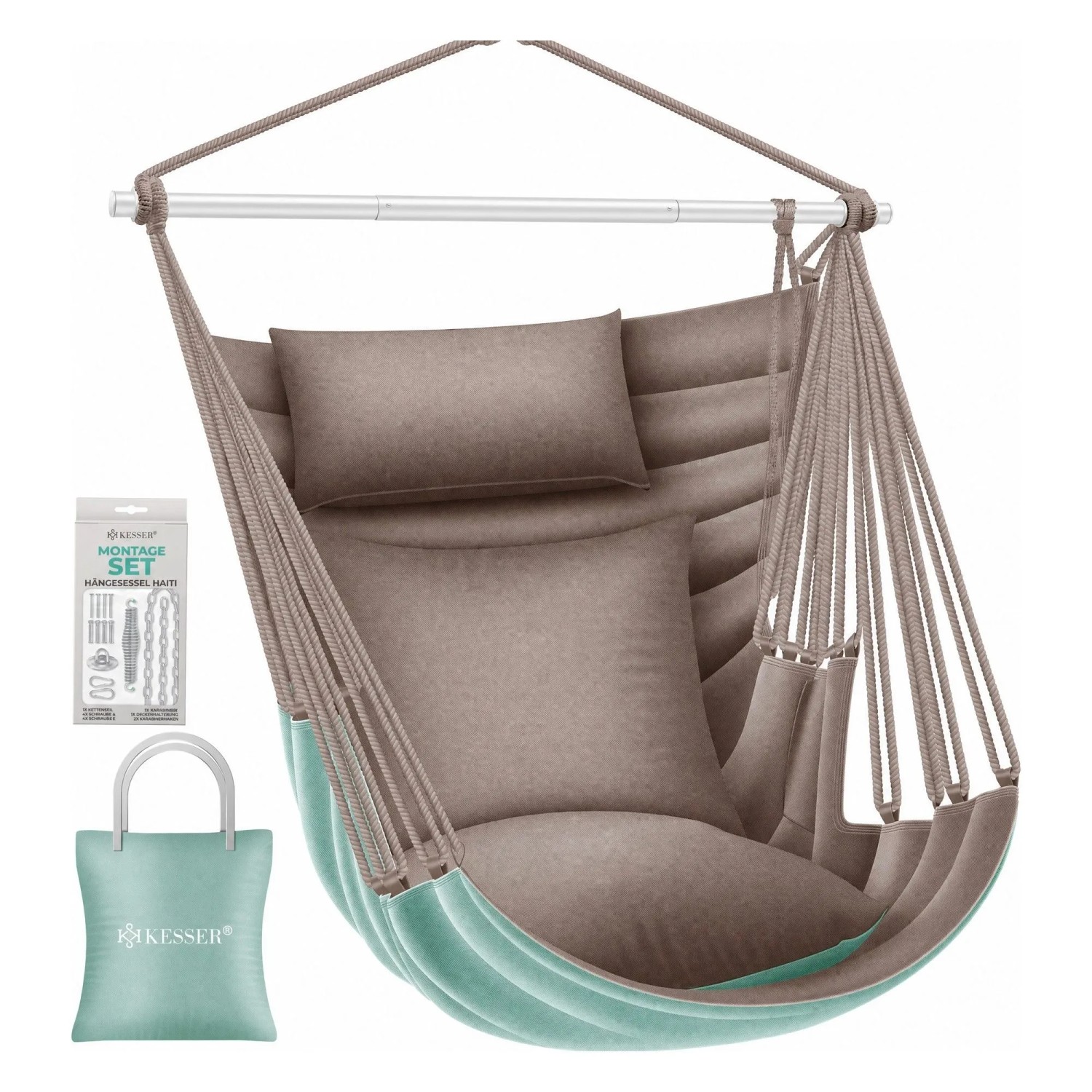 KESSER Hängesessel Haiti Belastbar Bis 150 kg 360° Drehbar Stone Green und Taupe