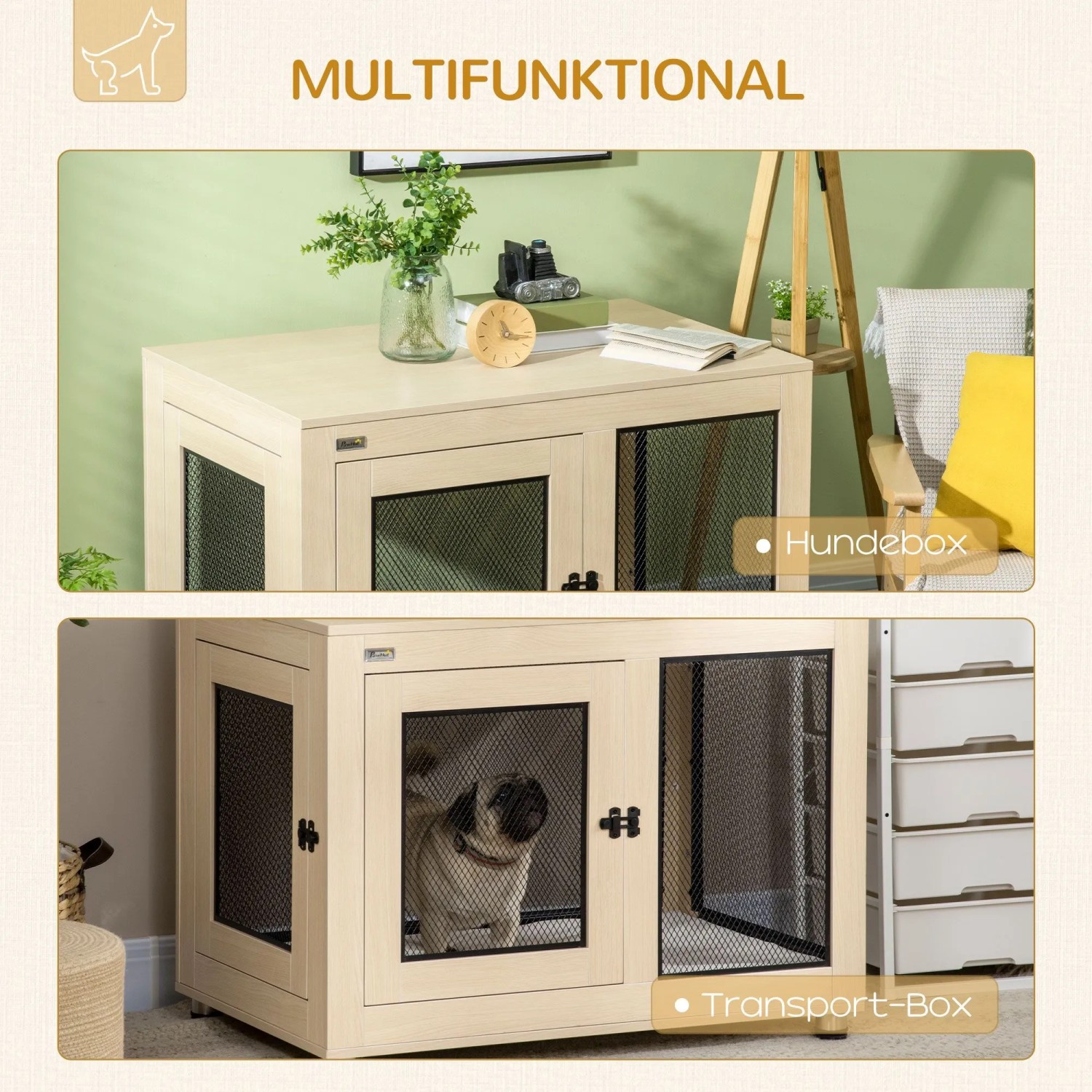PawHut Hundekäfig Eiche, multifunktional als Möbelstück und Hundebox mit schwarzem Gitter. Hund im Inneren, 2 Türen.