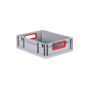 Graue PROREGAL Eurobox mit roten Griffen und Auflagedeckel, ideal zur Aufbewahrung.