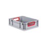 Graue PROREGAL Eurobox mit roten Griffen und Auflagedeckel, ideal zur Aufbewahrung.