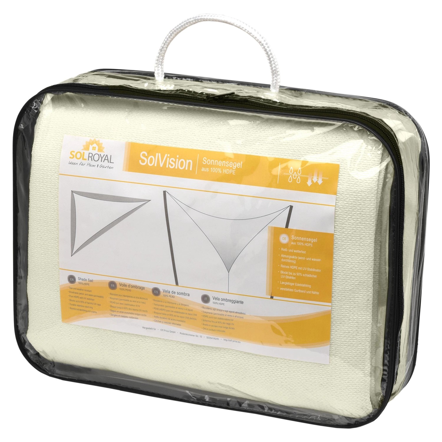 Sol Royal Sonnensegel HS9, dreieckig, Creme, verpackt. Zubehör für Zaunbau & Sichtschutz.
