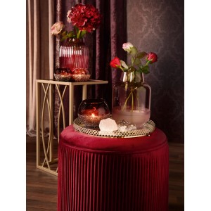 Dekoratives, rundes Tablett Blush Bordeaux (Ø 30 cm) aus Glas und Messing mit Spiegelboden.