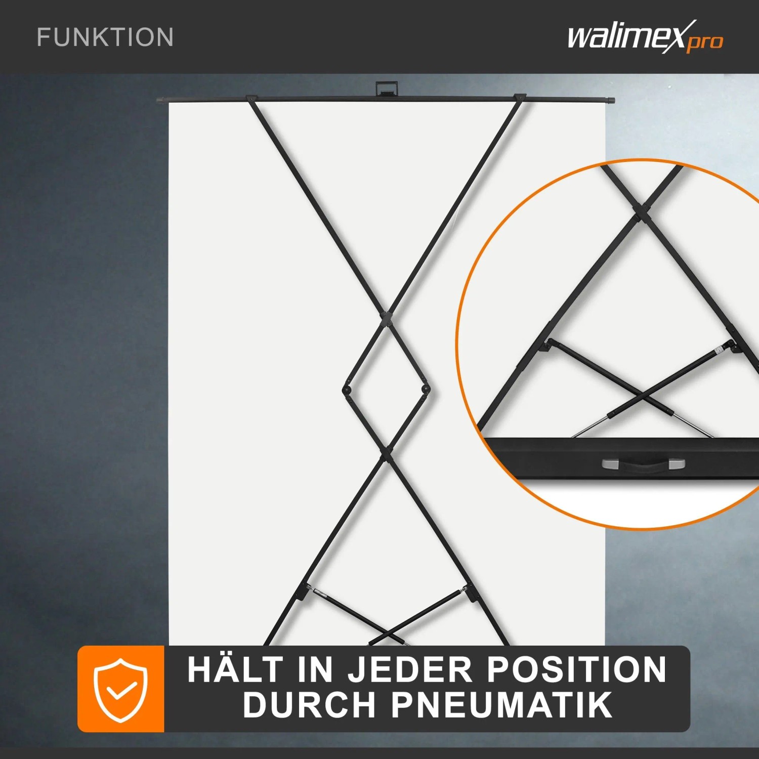 Walimex Pro Roll-Up Panel: Weißer Fotohintergrund mit schwarzem Scherenspannrahmen, pneumatisch in jeder Position haltbar.