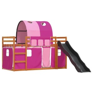 Rosa Etagenbett mit Rutsche und Vorhängen. Abenteuerbett aus Holz für Kinder.