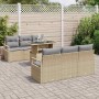 Beiges 7-teiliges vidaXL Garten-Sofa-Set aus Poly Rattan mit Tisch und grauen Kissen.