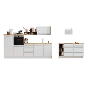 Respekta Inselküche Gabriel 290 cm in Weiß Hochglanz mit E-Geräten und Spüle.