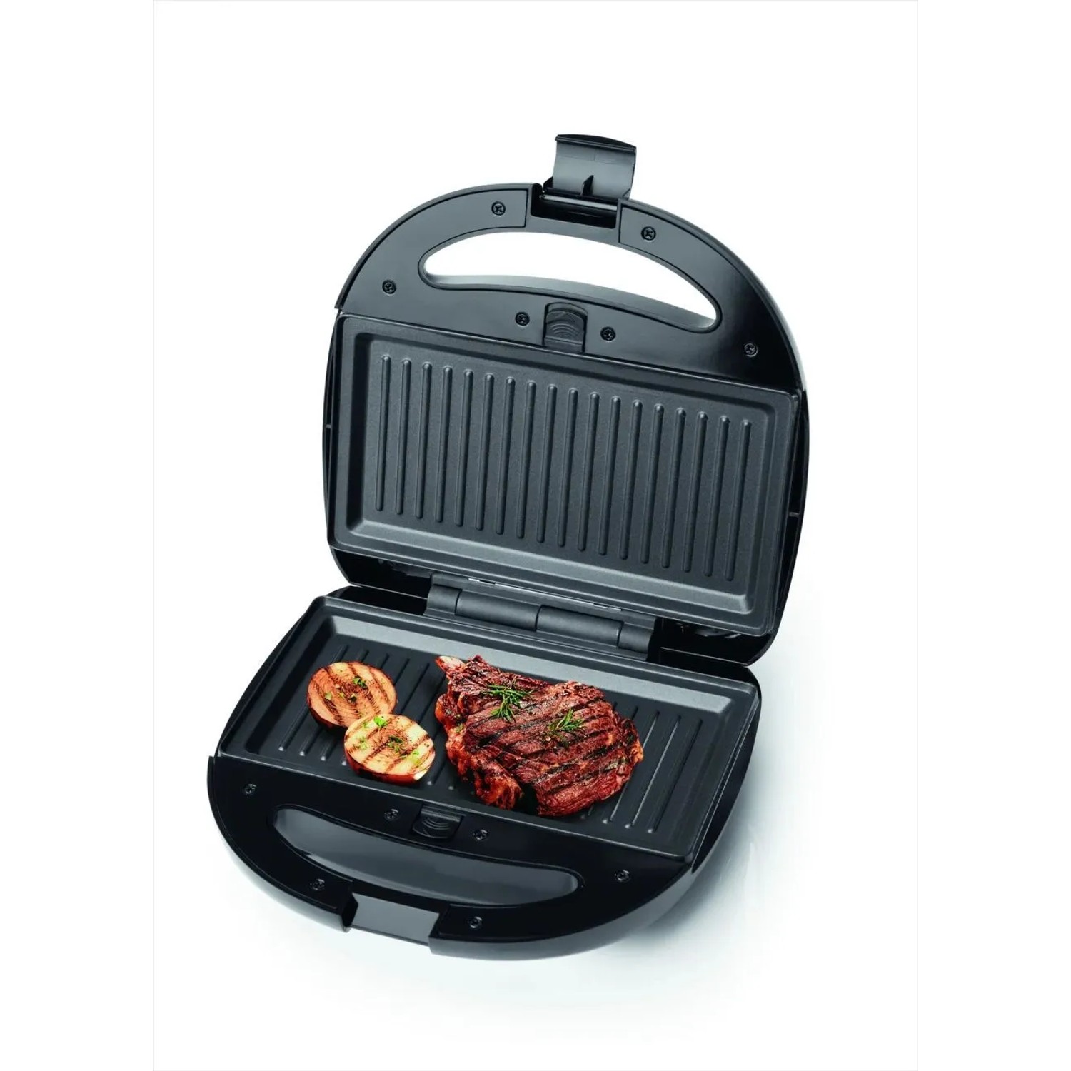 Westfalia Tischgrill Vario 3-in-1, geöffnet mit Grillgut. Elektrogrill in Schwarz mit Waffel-, Sandwichplatten.