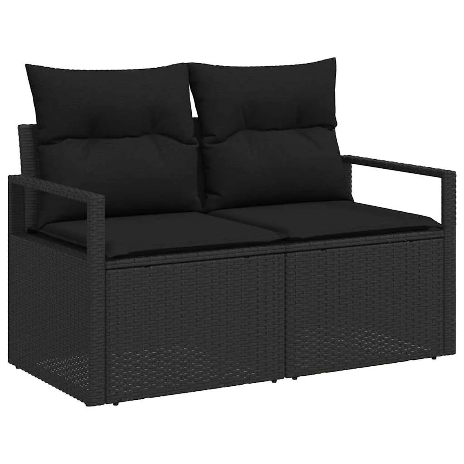 Schwarzes 2-Sitzer Garten-Sofa-Set aus Poly Rattan mit Kissen und Stauraum.