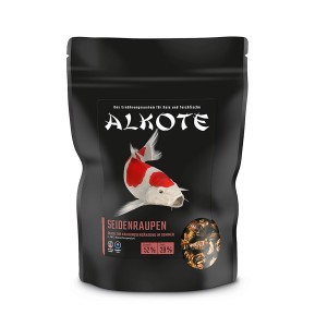 Alkote Fischfutter Seidenraupen, 300g Packung mit Koi-Motiv und Sichtfenster.
