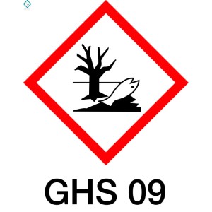 GHS 09 Gefahrensymbol: Toter Fisch und Baum in rotem Quadrat, Gefahr für Wasserorganismen.