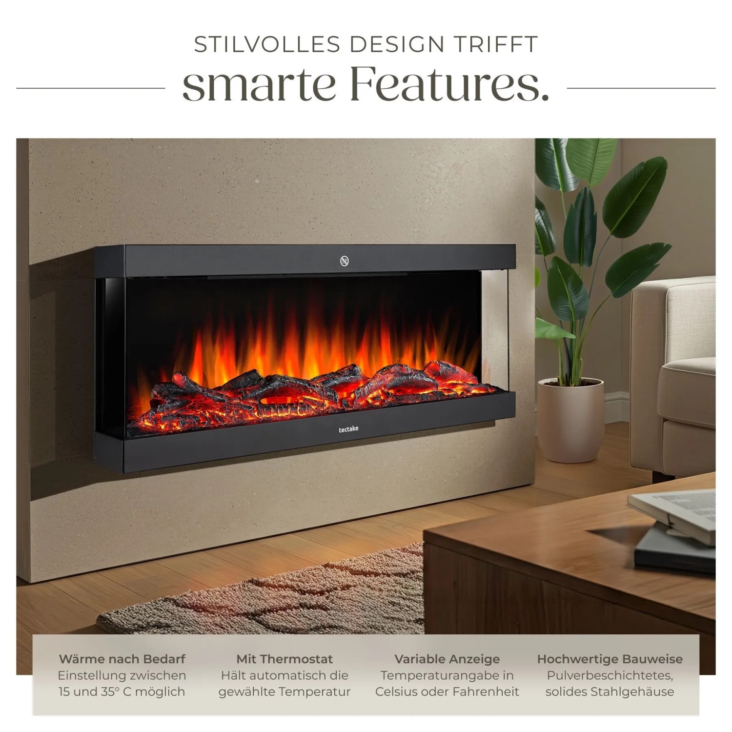 Schwarzer Tectake Elektro Wandkamin Luciano mit 3D Flammeneffekt, Holz- und Glutimitation. Modernes Design für gemütliches Wohnambiente.